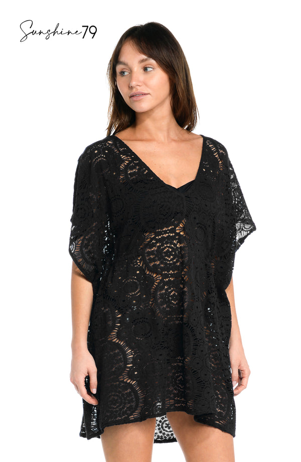 la blanca Sunshine 79 Chillin' Crochet V-Neck Caftan Cover Up - Black - FINAL SALE