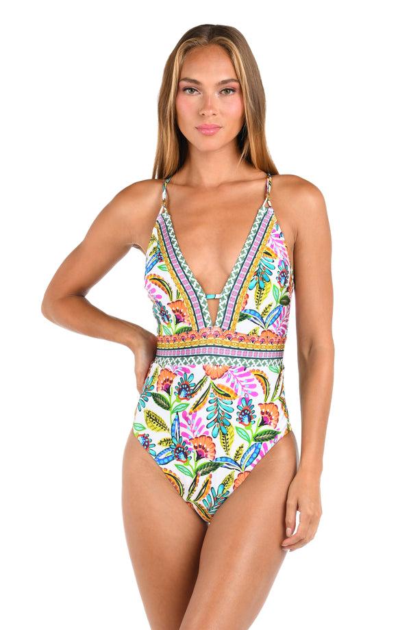 la blanca Sunshine 79 Jungle Jive V-Plunge One Piece - FINAL SALE