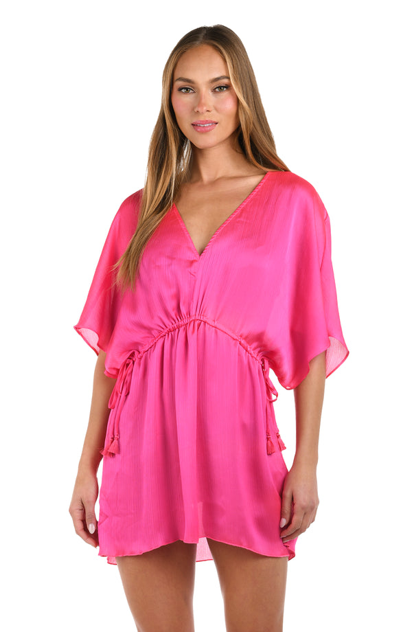 La Blanca Sunshine 79 Radiance Crinkle Covers V-Neck Tunic - Bright Pink