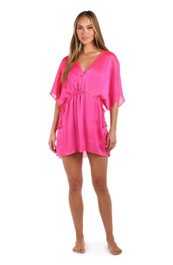 La Blanca Sunshine 79 Radiance Crinkle Covers V-Neck Tunic - Bright Pink