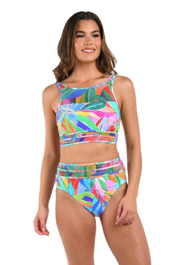 la blanca Tropi-flage High-Neck Midline Top w/Mesh Details - FINAL SALE