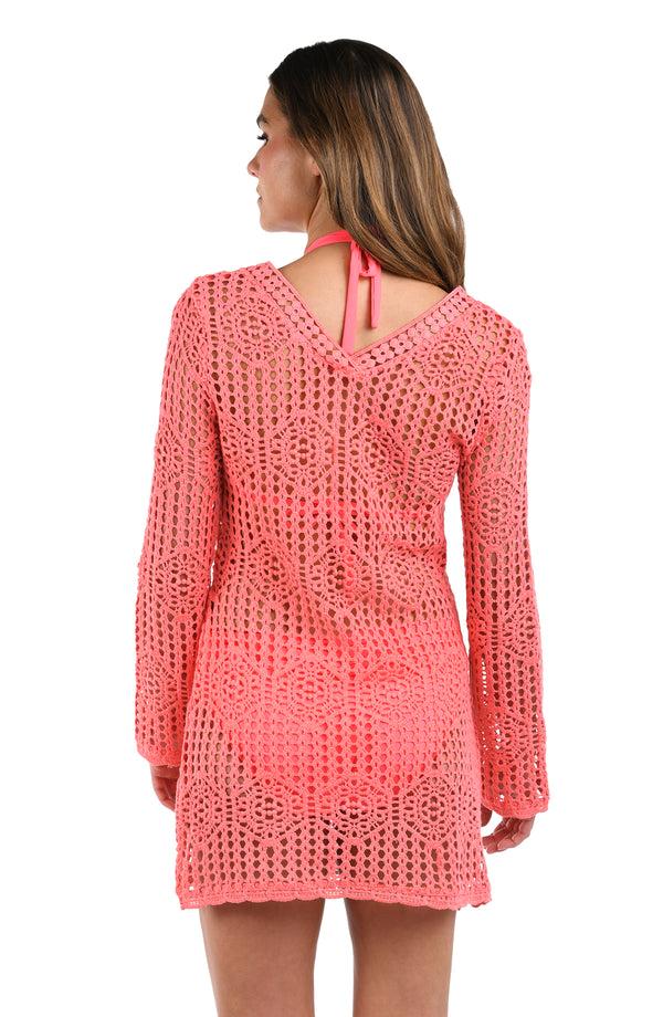 La Blanca Waverly Covers Crochet V-Neck Tunic Cover Up - Coral Reef