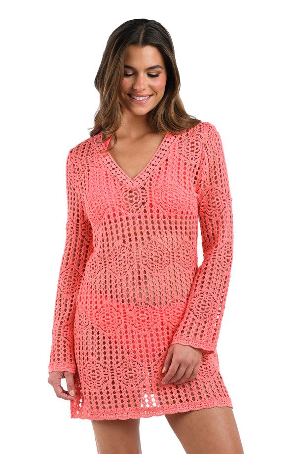La Blanca Waverly Covers Crochet V-Neck Tunic Cover Up - Coral Reef