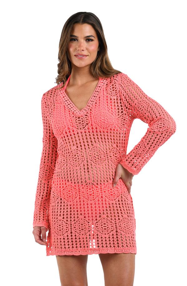 la blanca Waverly Covers Crochet V-Neck Tunic Cover Up - Coral Reef
