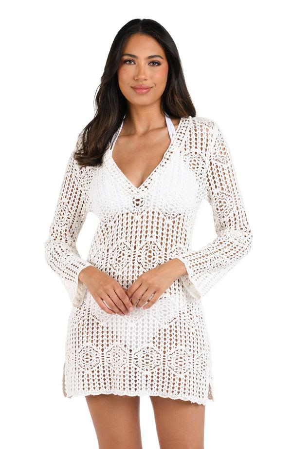 La Blanca Waverly Covers Crochet V-Neck Tunic Cover Up - Ivory