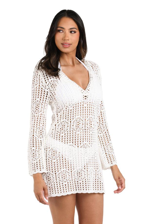 La Blanca Waverly Covers Crochet V-Neck Tunic Cover Up - Ivory