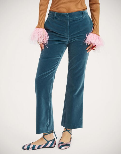 La Doublej 24/7 Pants Light Blue In Velvet With Feathers