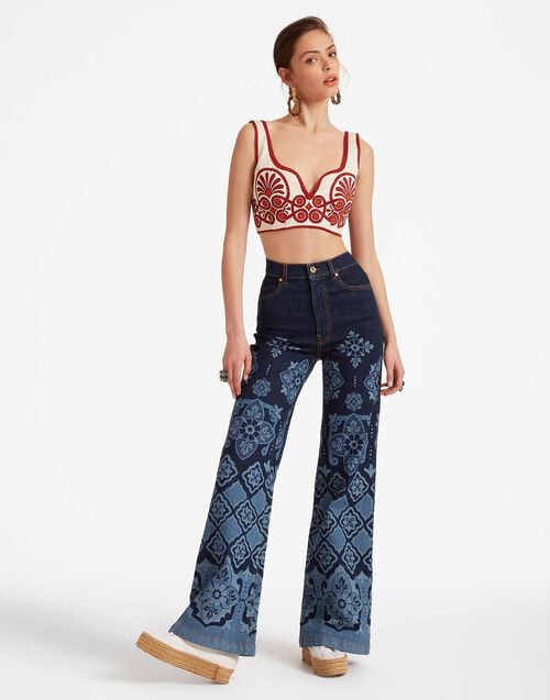 La Doublej Baia Crop Top Medallion Placée Cream In Flat Cotton Stretch