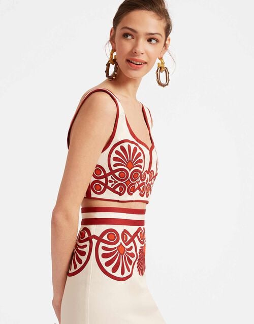 la doublej Baia Crop Top Medallion Placée Cream in Flat Cotton Stretch