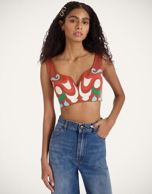 la doublej Baia Crop Top Phoenix Placée Light Blue in Flat Cotton Stretch