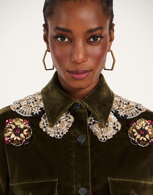 La Doublej Better Than Your Boyfriend's Jacket Solid Moss Green In Coat Velvet Embroidered