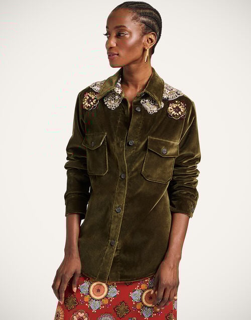 la doublej Better Than Your Boyfriend's Jacket Solid Moss Green in Coat Velvet Embroidered