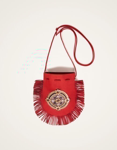 La Doublej Big Power Pouch Solid Red In Embroidered Nubuck Leather