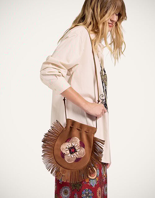 la doublej Big Power Pouch Solid Tan in Embroidered Nubuck Leather