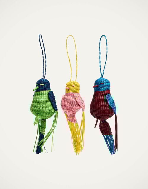 la doublej Bird Holiday Ornaments Set Of 3 Multicolor in Raffia