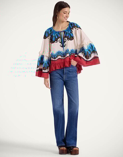 La Doublej Boho Blouse Pacific Placée Blue Petrol In Cotton Voile