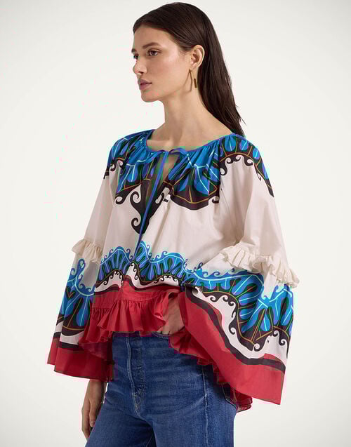 la doublej Boho Blouse Pacific Placée Blue Petrol in Cotton Voile