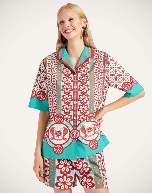 La Doublej Bowling Shirt Pagoda Placée Rust In Cotton Poplin