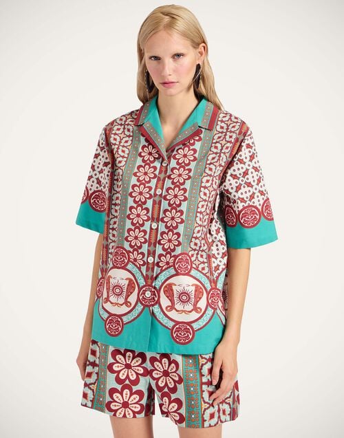 la doublej Bowling Shirt Pagoda Placée Rust in Cotton Poplin