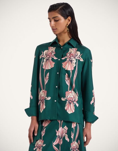 la doublej Boy Shirt Iris Placée Dark Green in Silk Twill