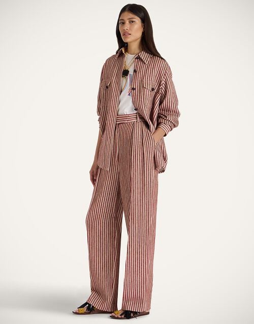 la doublej Brooklyn Pants Color Block Red & Beige in Linen Corduroy