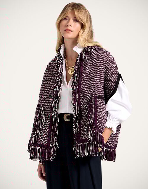 la doublej Camelia Cape Multicolor Purple & Ivory in Wool Padded Tweed