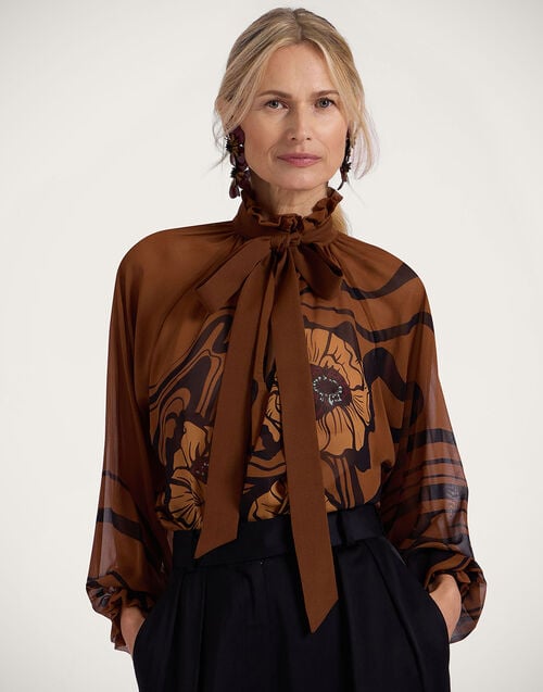 la doublej Cerere Blouse Big Blooms Placée Brown in Silk Chiffon