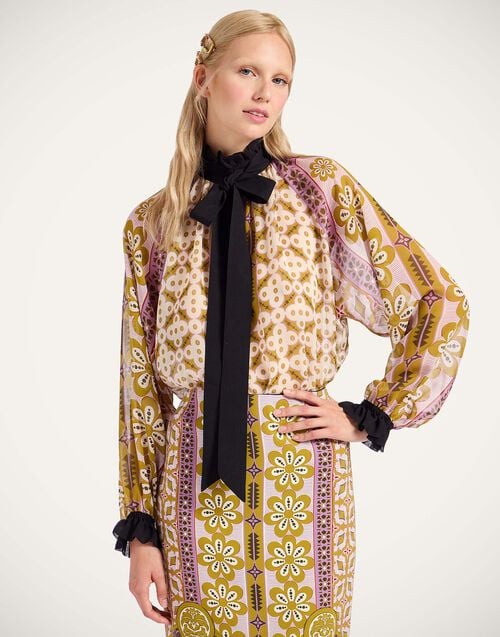 la doublej Cerere Blouse Pagoda Placée Pink in Silk Chiffon