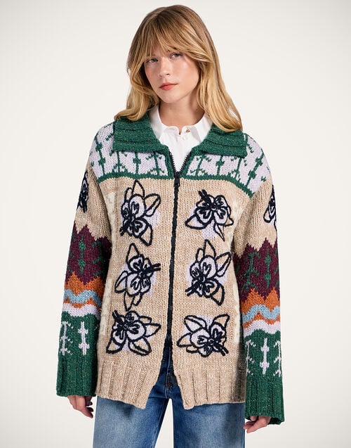 La Doublej Chalet Cardigan Multicolor Camel & Lilac In Wool Mix