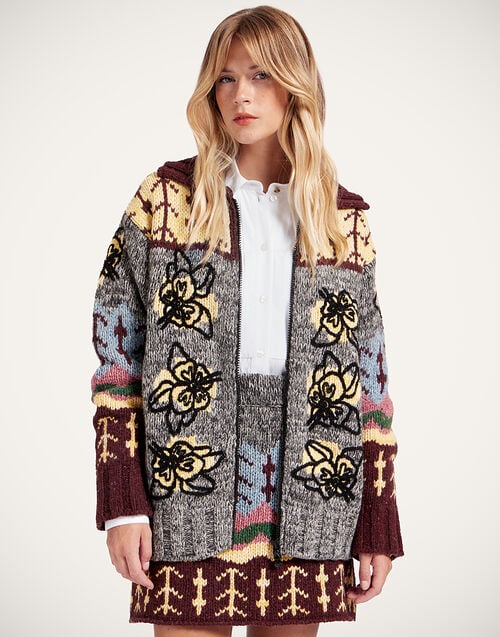 la doublej Chalet Cardigan Multicolor Grey & Yellow in Wool Mix