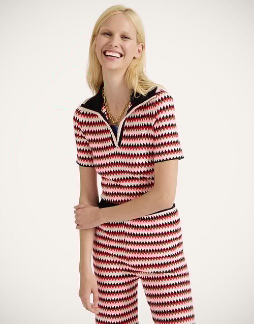 la doublej Checkers Polo Multicolor Red & Pink in Compact Knit