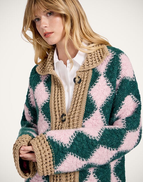 La Doublej Crochet Bowling Cardigan Multicolor Pink & Dark Green In Alpaca Wool