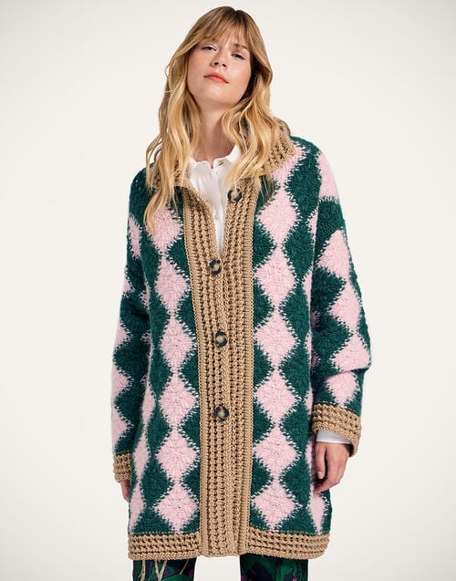 la doublej Crochet Bowling Cardigan Multicolor Pink & Dark Green in Alpaca Wool