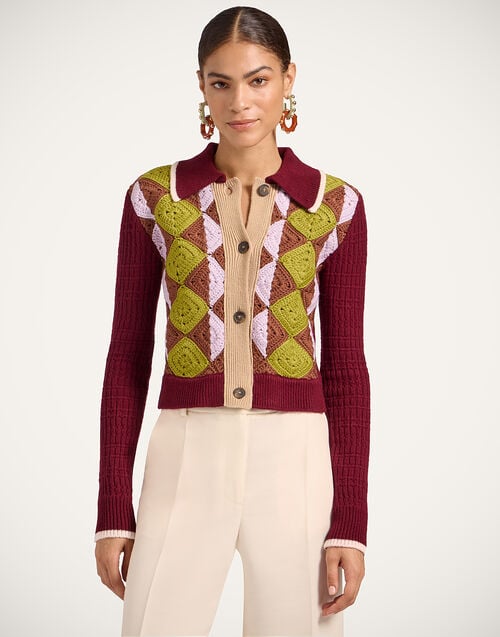 la doublej Crochet Mini Cardigan Multicolor Green & Lilac in Wool Crochet