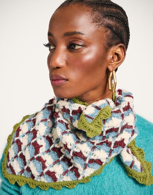 La Doublej Crochet Triangle Scarf Multicolor Blue & Burgundy In Alpaca Wool