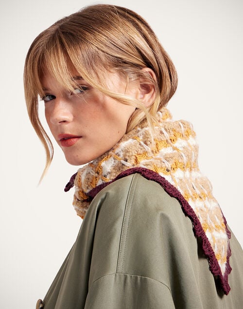 La Doublej Crochet Triangle Scarf Multicolor Ocher & White In Alpaca Wool