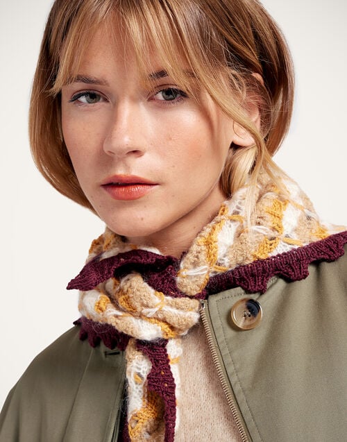 La Doublej Crochet Triangle Scarf Multicolor Ocher & White In Alpaca Wool