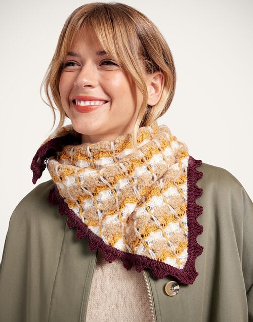 la doublej Crochet Triangle Scarf Multicolor Ocher & White in Alpaca Wool