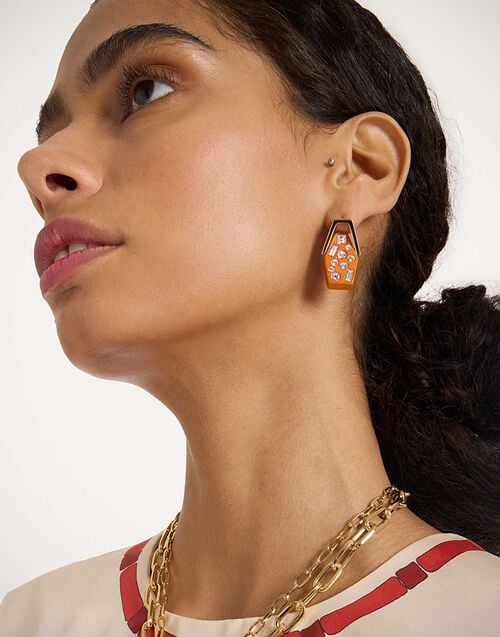 La Doublej Crystalled Portal Earrings 24k Gold Plate & Orange Resin With Crystals