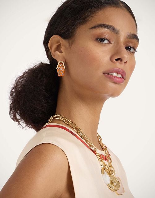 la doublej Crystalled Portal Earrings 24k Gold Plate & Orange Resin with Crystals