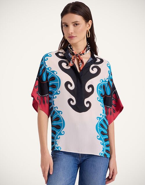 la doublej Estelle Blouse Pacific Placée Blue Petrol in Crepe Marocain