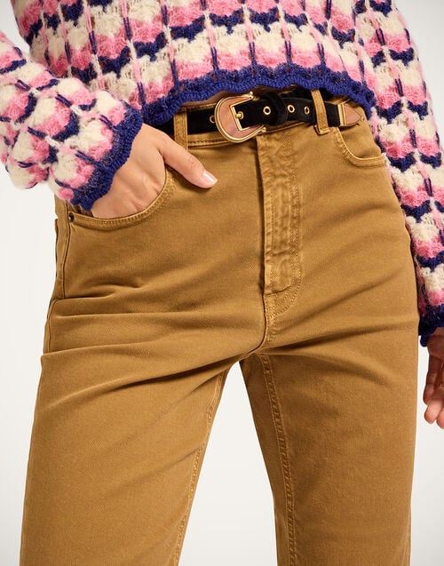 La Doublej Fancy Crop Jeans Khaki In Denim With Feathers