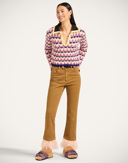 la doublej Fancy Crop Jeans Khaki in Denim With Feathers