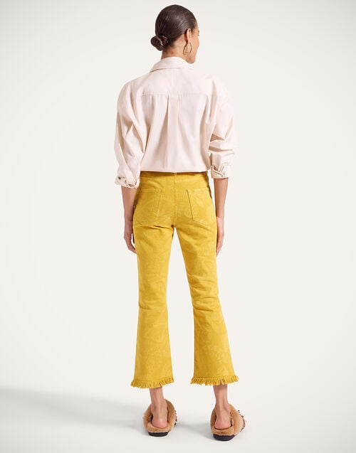 La Doublej Fancy Crop Jeans Sicomore Yellow In Laser-Printed Denim With Fringe