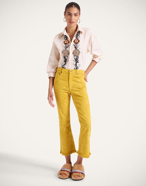 La Doublej Fancy Crop Jeans Sicomore Yellow In Laser-Printed Denim With Fringe