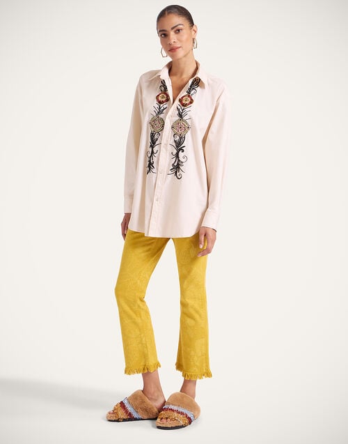 La Doublej Fancy Crop Jeans Sicomore Yellow In Laser-Printed Denim With Fringe