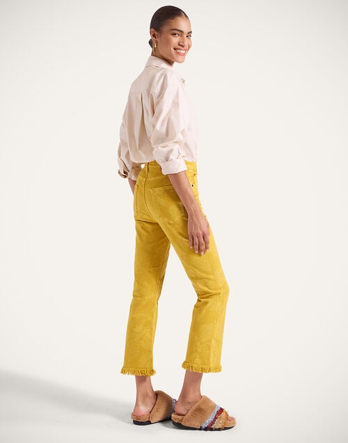 la doublej Fancy Crop Jeans Sicomore Yellow in Laser-Printed Denim With Fringe