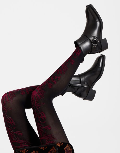 La Doublej Flocked Tights Black & Red In Flocked Nylon