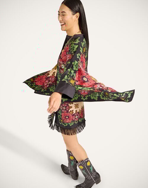 La Doublej Foulard Mini Skirt Bounty Placée Red In Silk Twill With Fringes