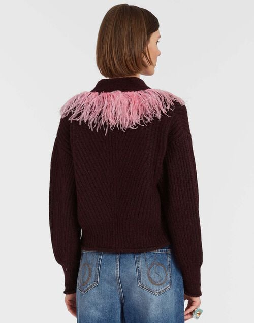 La Doublej High Kick Cardigan Bordeaux In Wool With Feathers